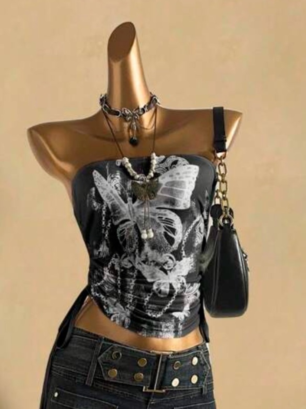 Lace-Up Butterfly Graphic Print Strapless Top NEW 🏷️